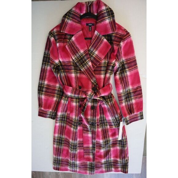 AQUA 81720 Women's Sz Medium Pink Plaid Duster Trench Coat - Picture 1 of 9